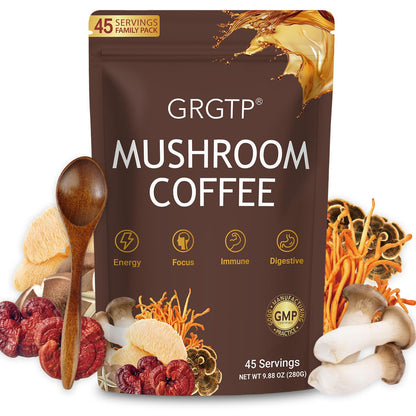 GRGTP Mushroom Coffee - Superfood Blend with 6 Adaptogens (Cordyceps, Lion's Mane, Reishi Other) | Jitter-Free Energy, Enhanced Focus, Digestion & Immunity Support |