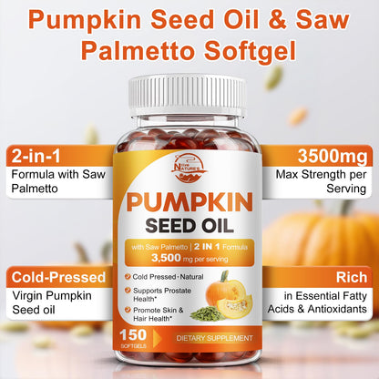Pumpkin Seed Oil with Saw Palmetto, 3500mg Max Strength per Serving, 150 Softgels, Cold-Pressed with Essential Fatty Acids & Phytosterols, Supports Immune