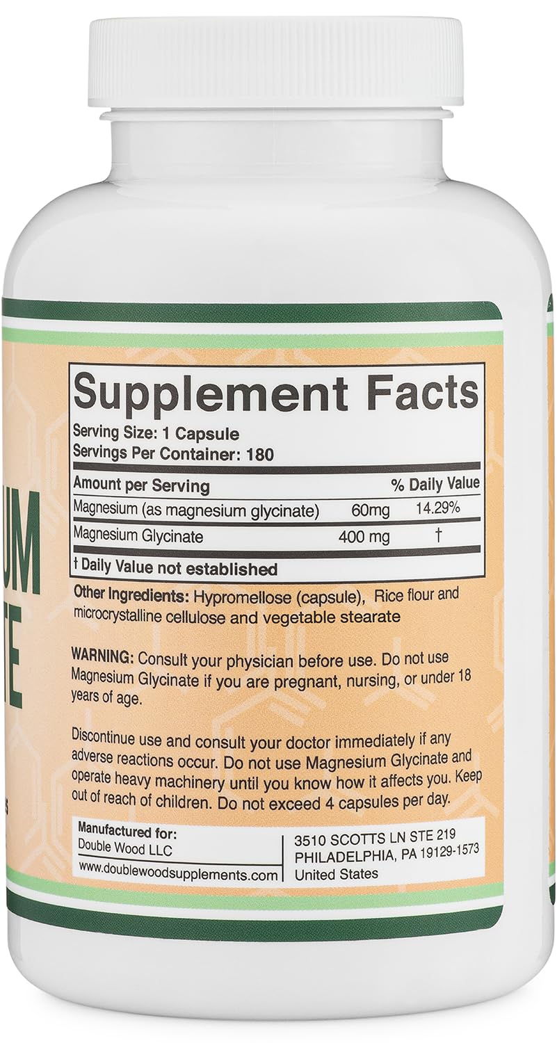 Magnesium Glycinate 400mg | 180 Capsules | Sleep, Muscle, & Heart Support | Vegan, Third Party Tested, Gluten Free, Non-GMO, by Double Wood Supplements Double Wood SupplementsBuy Supplements Australia