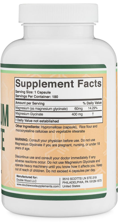 Magnesium Glycinate 400mg | 180 Capsules | Sleep, Muscle, & Heart Support | Vegan, Third Party Tested, Gluten Free, Non-GMO, by Double Wood Supplements Double Wood SupplementsBuy Supplements Australia