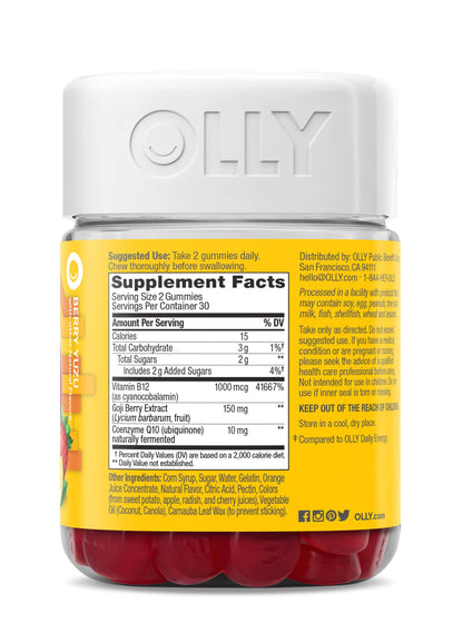 OLLY Extra Strength Daily Energy Gummy, Caffeine Free, 1000mcg Vitamin B12, CoQ10, Goji Berry, Adult Chewable Supplement