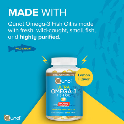 Qunol Fish Oil Omega 3 Mini Softgels, 1000mg Omega 3 EPA + DHA, Ultra Pure Supplements, Heart Health Support, Lemon Flavor, Easy to Swallow Minis, 3 Month Supply, 180 Count QunolBuy Supplements Australia