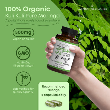 Lactation Supplement - Organic Moringa Capsules for Breastfeeding Support to Increase Breastmilk Supply (120 ct) Pure Malunggay Leaf Powder for Milk Production Booster