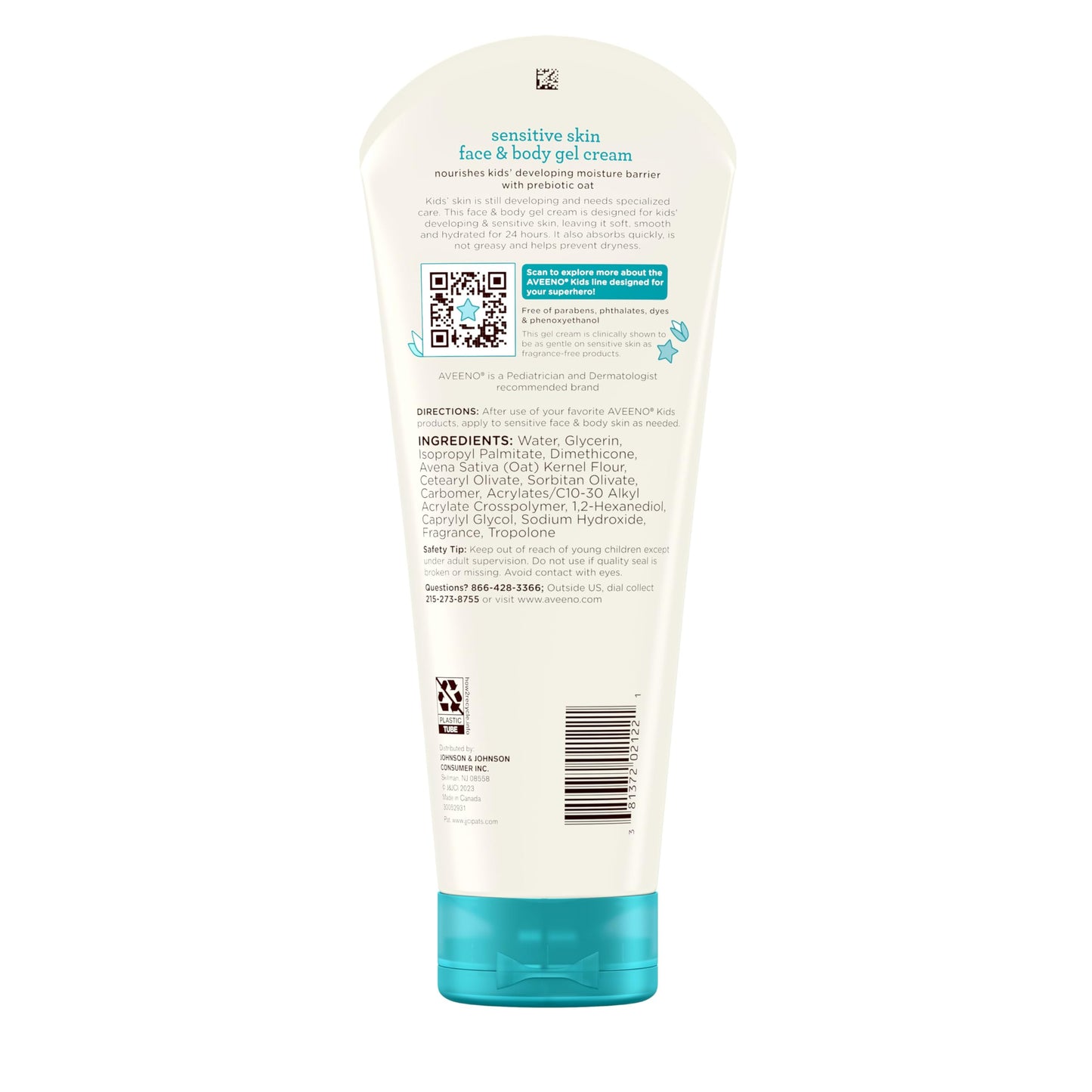 Aveeno Sensitive Skin Face & Body Gel Cream for Kids with Prebiotic Oat, Clinically Proven 24 Hour Hydration for Soft Skin