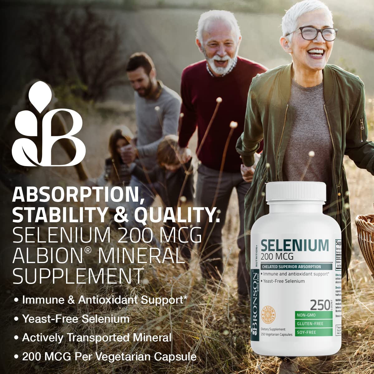 Bronson Selenium 200 mcg – Yeast Free Chelated Amino Acid Complex - Essential Trace Mineral with Superior Absorption