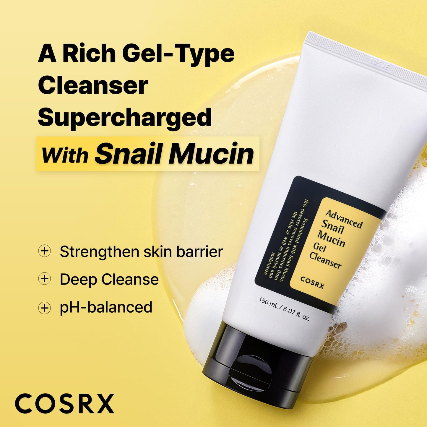 COSRX Advanced Snail Mucin Gel Cleanser, 5.07 Fl Oz / 150 mL, Rich Daily Deep Cleansing Gel for Dry & Sensitive Skin