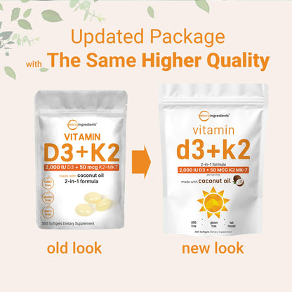 Micro Ingredients Vitamin D3 2,000 IU + K2 MK-7 50 mcg, 300 Softgels | Virgin Coconut Oil | 2-in-1 Support | Easy to Swallow, Non-GMO