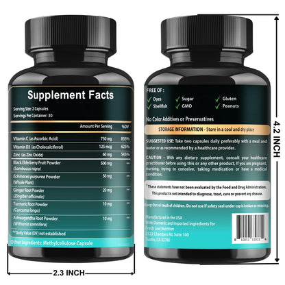 Elderberry Immune Support Supplement 8-in-1 Formula with Echinacea, Vitamin C & Zinc, Vitamin D 5000 IU, Turmeric, Ginger, Ashwagandha – 60 Capsules