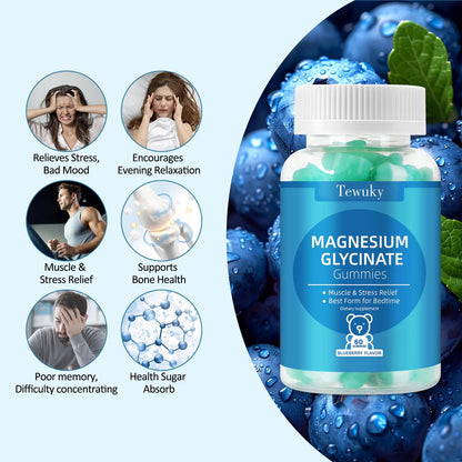 Magnesium Glycinate Gummies 500mg, Sugar-Free for Adults & Kids, Magnesium Gummies for Sleep, Stress & Muscle Relief, Supports Bone & Nerve Health, Vegan, Pectin-Based, 60 Count, Blueberry Flavor TewukyBuy Supplements Australia