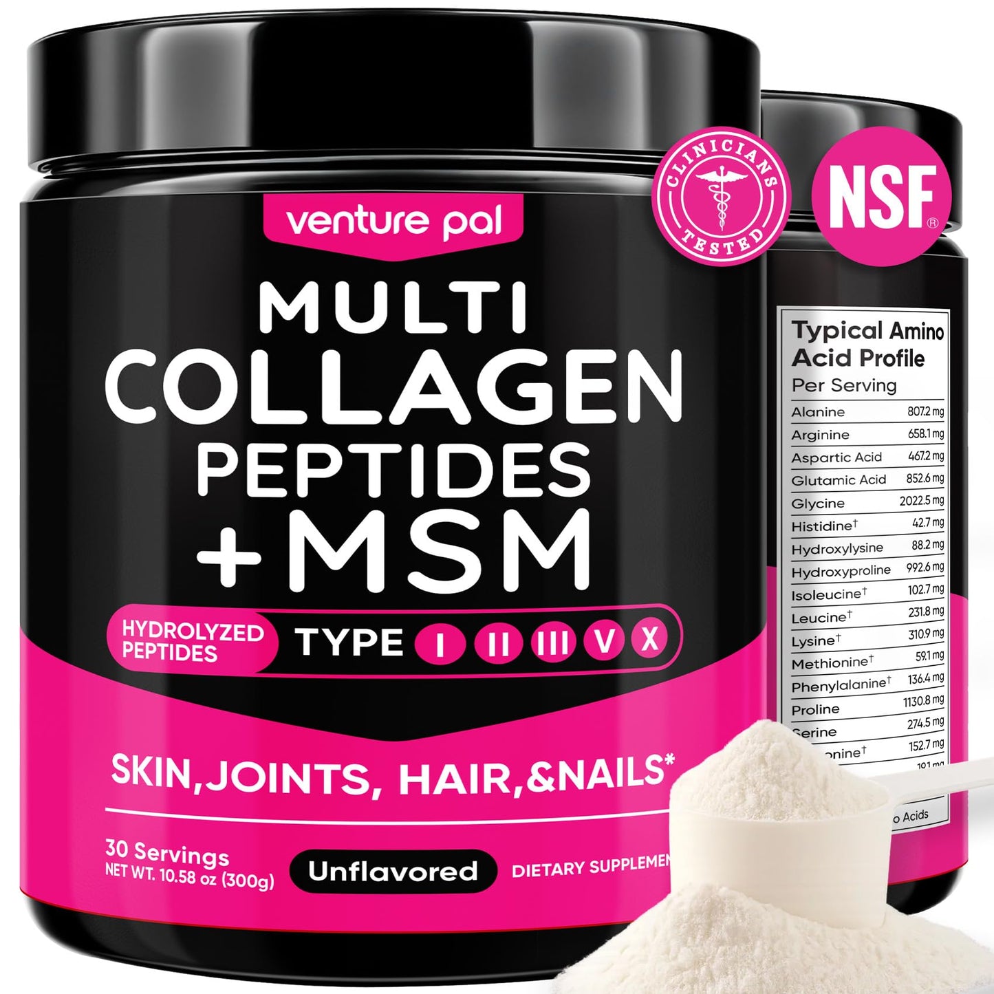 Venture Pal Multi Collagen Powder Type I, II, III, V, X – Hydrolyzed Collagen Peptides MSM, GC, Hyaluronic Acid Vitamin C | Collagen Supplement for Women