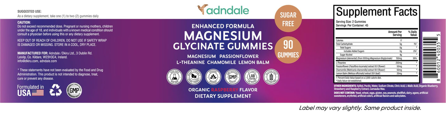Adndale 90CT Magnesium Glycinate Gummies. Sugar Free Chews for Adults & Kids. Raspberry Flavour