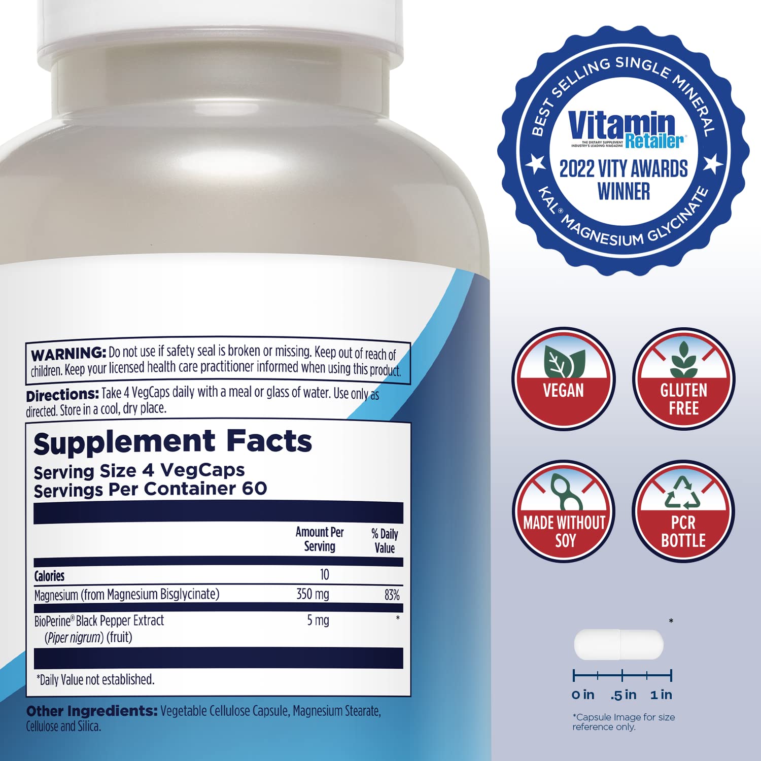 KAL Magnesium Glycinate, New & Improved Fully Chelated High Absorption Formula with BioPerine, Bisglycinate Chelate for Stress, Relaxation, Muscle & Bone Health Support, 60 Servings, 240 VegCaps KALBuy Supplements Australia