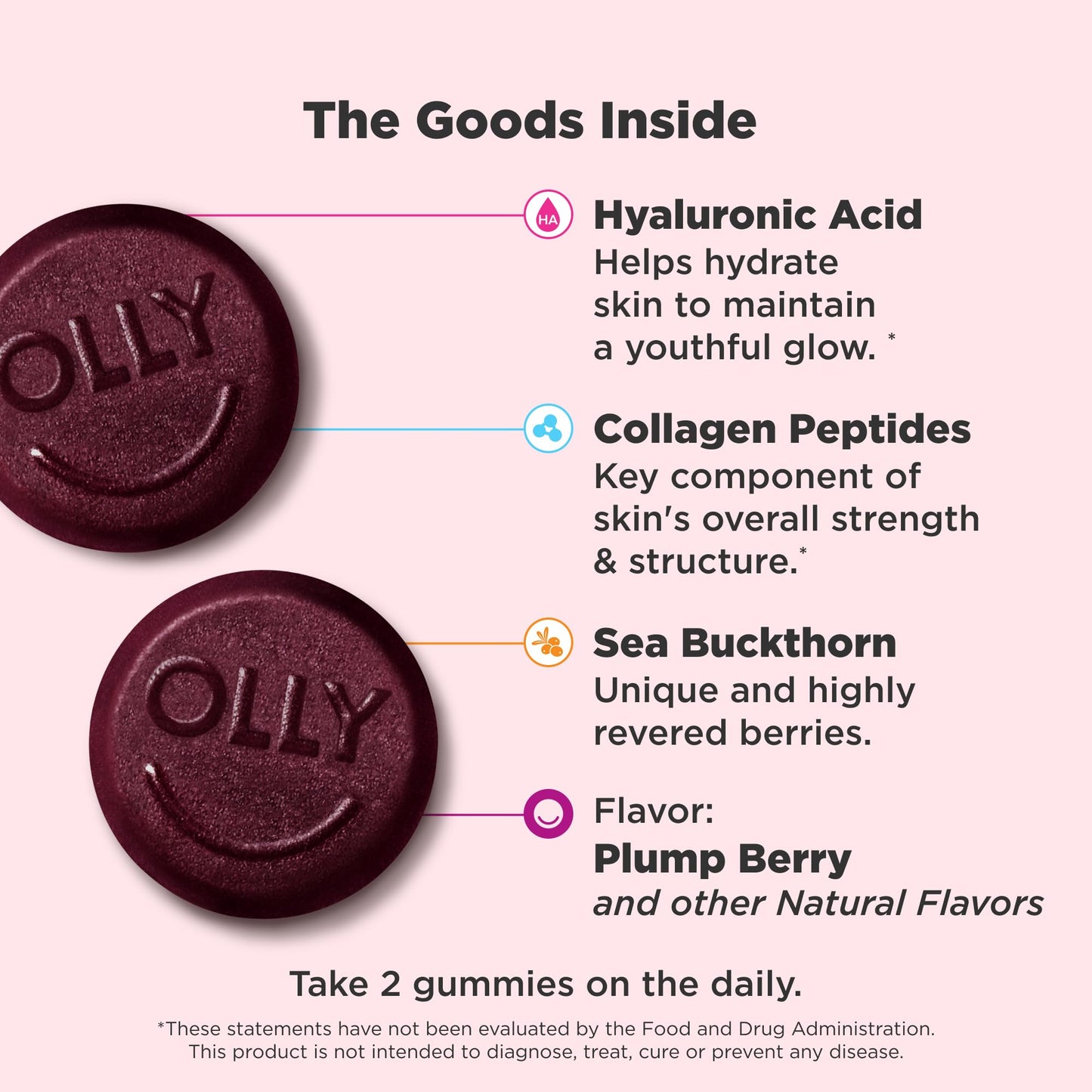 OLLY Glowing Skin Gummy, Hydrated & Youthful Skin,* Hyaluronic Acid, Collagen Peptides, Sea Buckthorn, Plump Berry Flavor