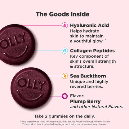 OLLY Glowing Skin Gummy, Hydrated & Youthful Skin,* Hyaluronic Acid, Collagen Peptides, Sea Buckthorn, Plump Berry Flavor