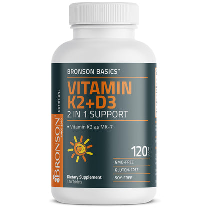 Bronson Vitamin K2 D3 (MK7) Supplement Non-GMO Formula Vitamin D3 5000IU (125 mcg) & 90 mcg K2 MK-7, Easy to Swallow D