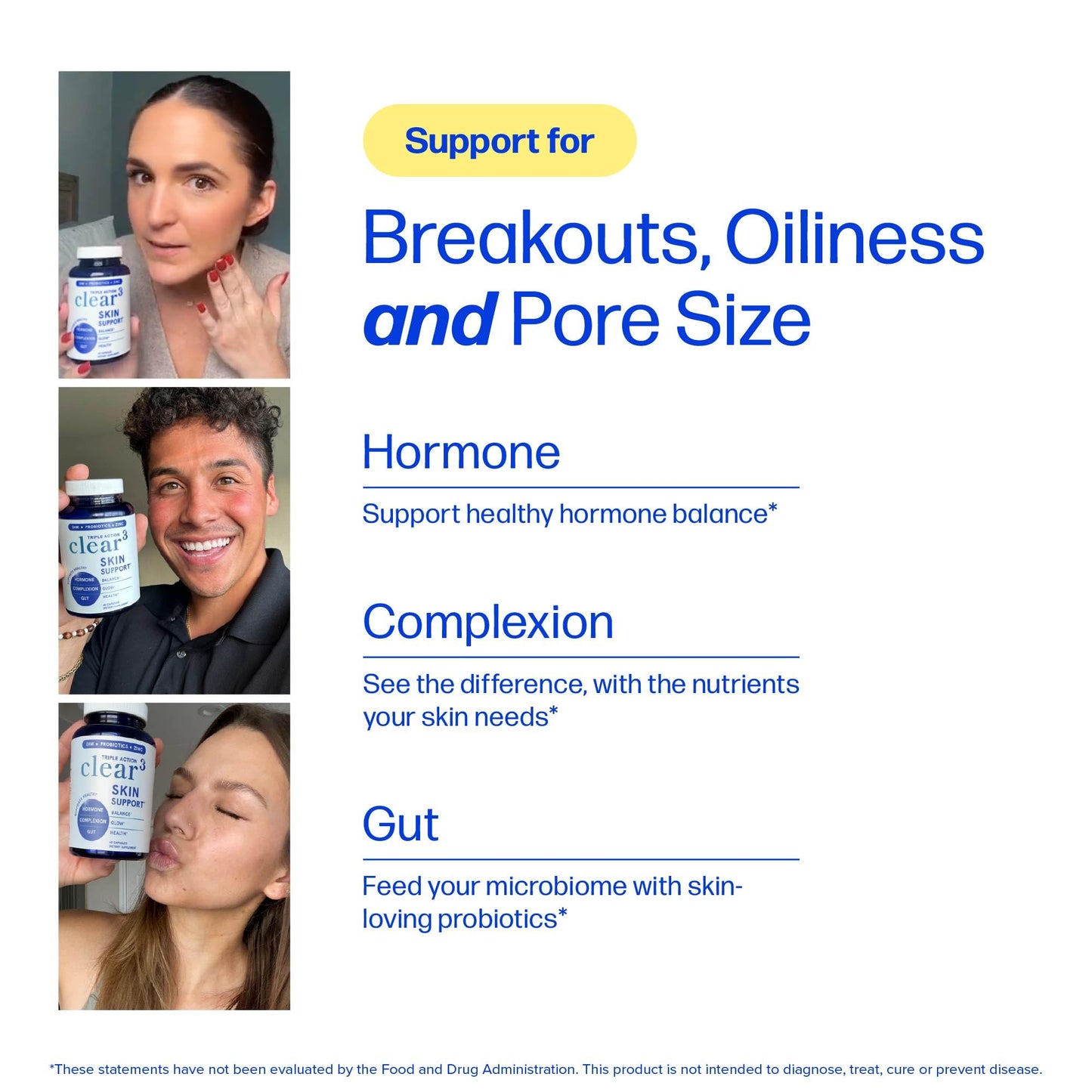 Clear Skin Supplement with Zinc, DIM & Probiotics | 3-in-1 Balance, Glow & Health Skin Support | Triple Action Hyaluronic Acid, Niaciminide & Vitamins for Hormone