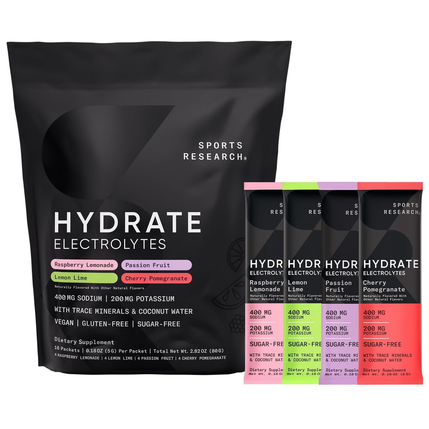 Sports Research® Hydrate Electrolytes Powder Packets - Sugar-Free & Naturally Flavored with Vitamins, Minerals, and Coconut Water - Supports Hydration - 16 Packets - Variety Pack Sports Research buy supplements Au