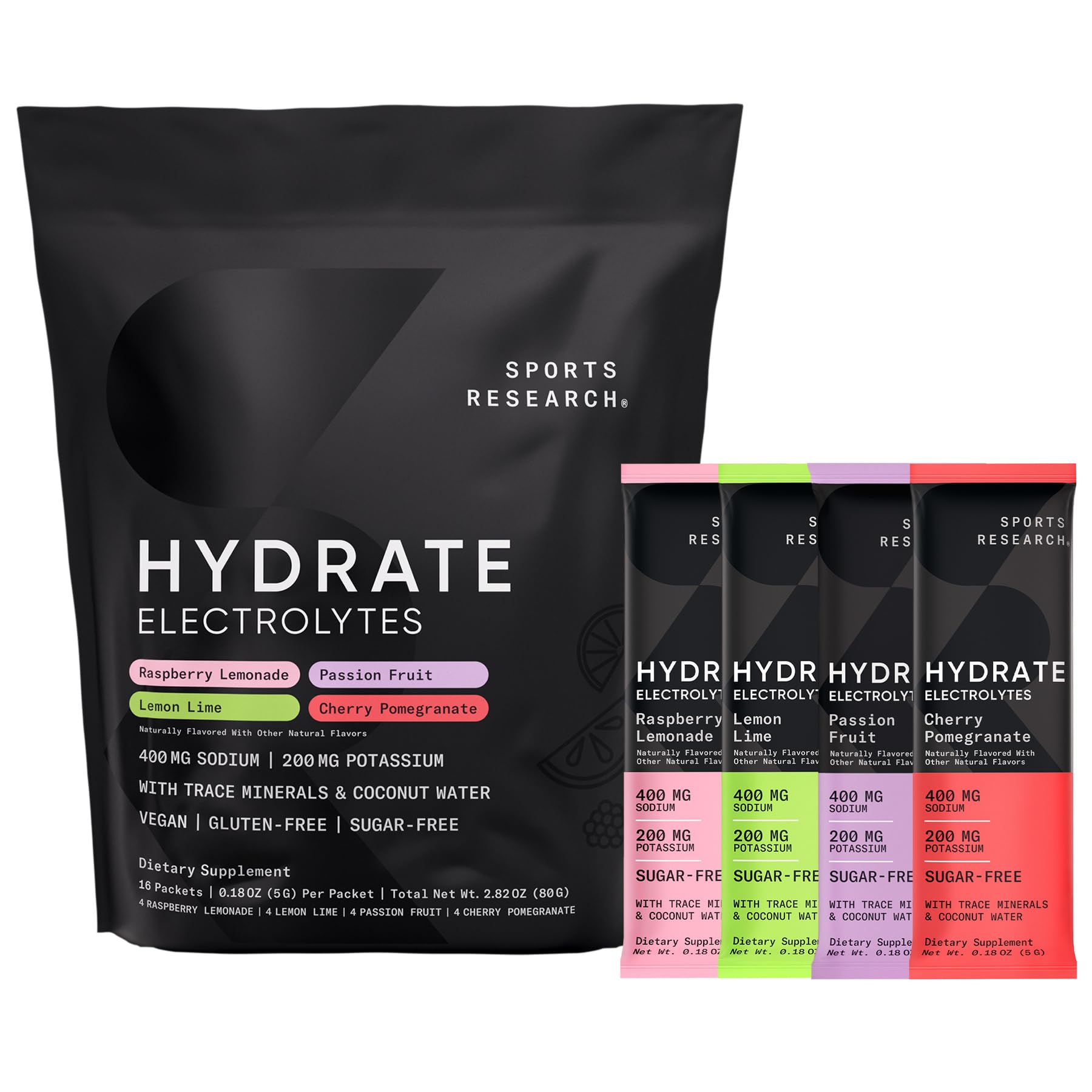 Sports Research® Hydrate Electrolytes Powder Packets - Sugar-Free & Naturally Flavored with Vitamins, Minerals, and Coconut Water - Supports Hydration - 16 Packets - Variety Pack Sports Research buy supplements Au