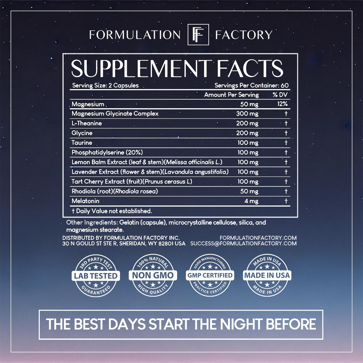 Formulation Factory The Night Before 10-in-1 Sleep Support | Melatonin 4mg, Magnesium Glycinate 300mg, L-Theanine, Glycine & More | Supports Relaxation, Calm & Recovery (120 Capsules 2 Month Supply) Formulation Factory buy supplements Au