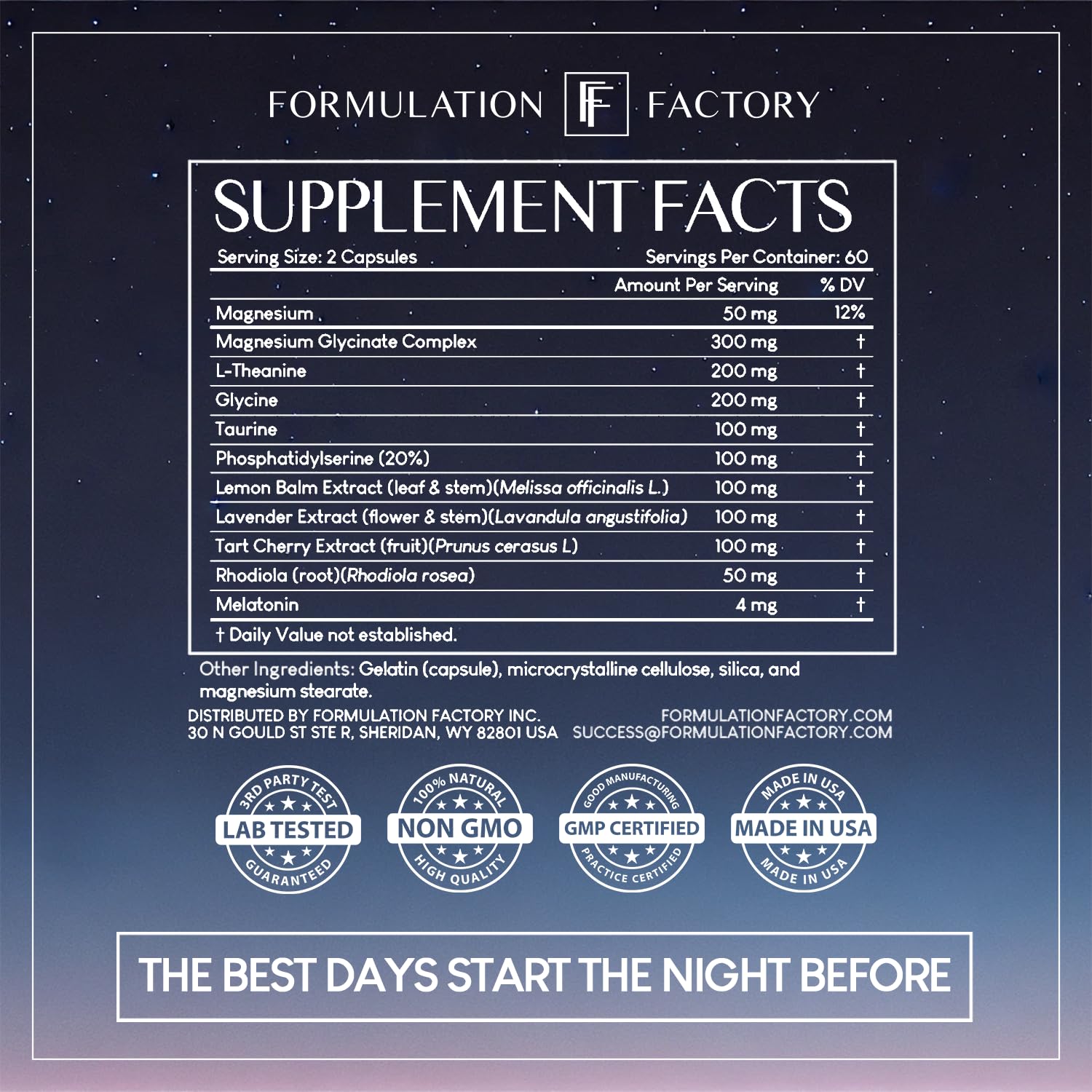 Formulation Factory The Night Before 10-in-1 Sleep Support | Melatonin 4mg, Magnesium Glycinate 300mg, L-Theanine, Glycine & More | Supports Relaxation, Calm & Recovery (120 Capsules 2 Month Supply) Formulation Factory buy supplements Au