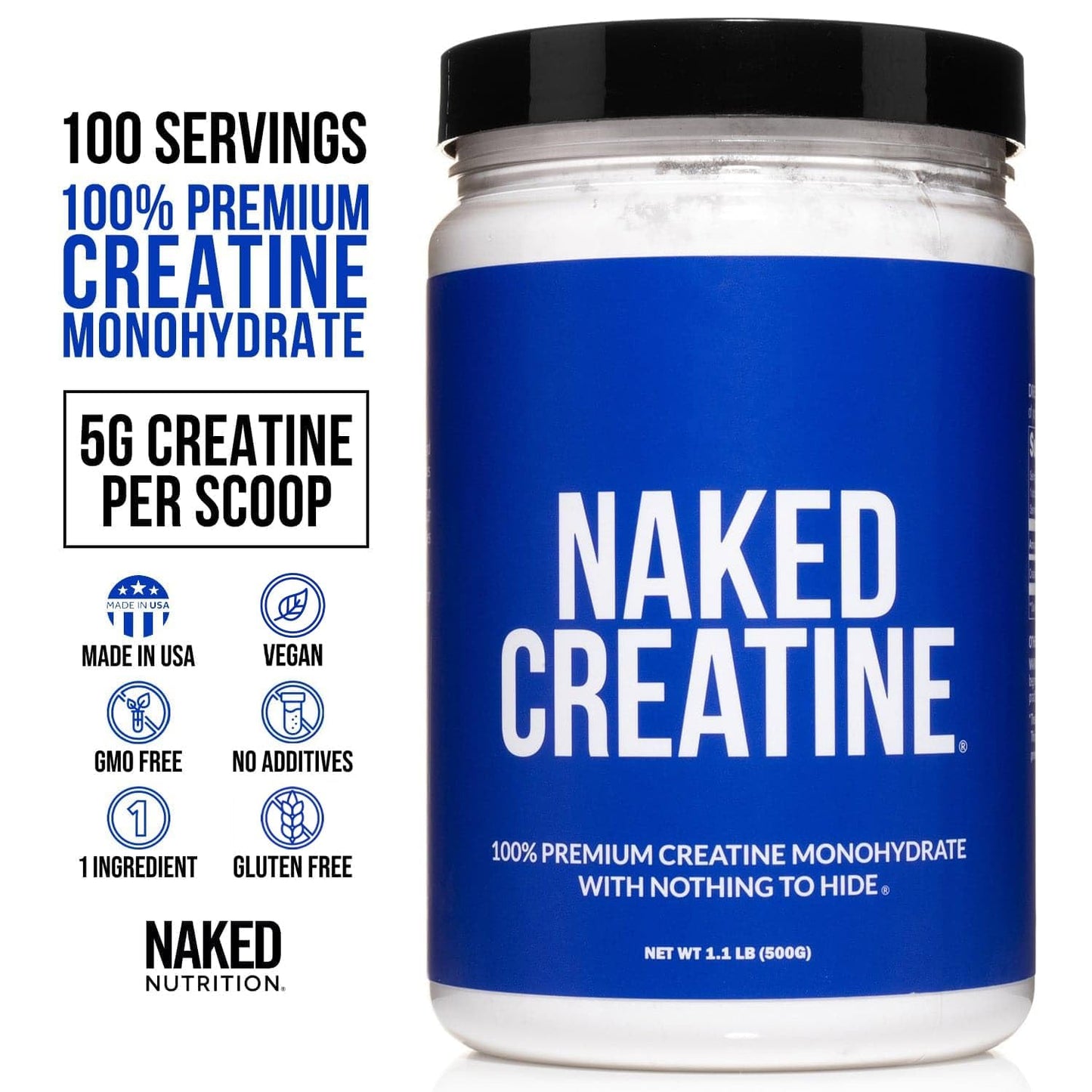 NAKED Pure Micronized Creatine Monohydrate Powder - NSF Certified, Unflavored, 500g, 1.1lb Bulk - Vegan, Non-GMO, Gluten-Free, Soy-Free