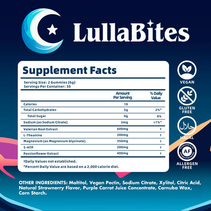 LullaBites - Natural Sleep Gummies - Made in USA - With 5-HTP, L-Theanine, Magnesium & Valerian Root - Melatonin Free - Vegan - Halal - Sugar, Gluten Free - Sweet Strawberry