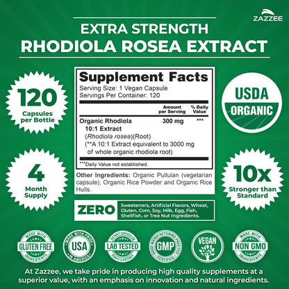 Zazzee USDA Organic Rhodiola 10:1 Extract, 120 Capsules, 4 Month Supply, Rhodiola Rosea, Energy, Stress & Mental Focus Support, Concentrated 10X Extract