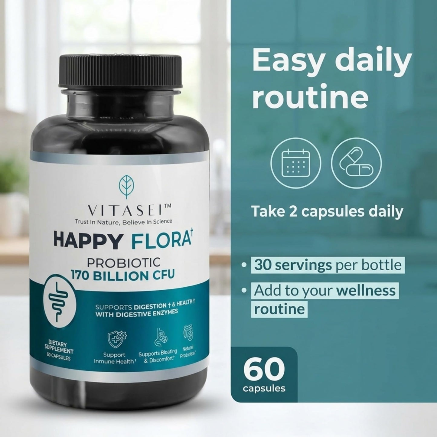 VITASEI Happy Flora Probiotic Supplement – 170 Billion CFU with Digestive Enzymes for Gut Health – Metabolic Support for Women and Men – 60 Capsules 1-Month Supply