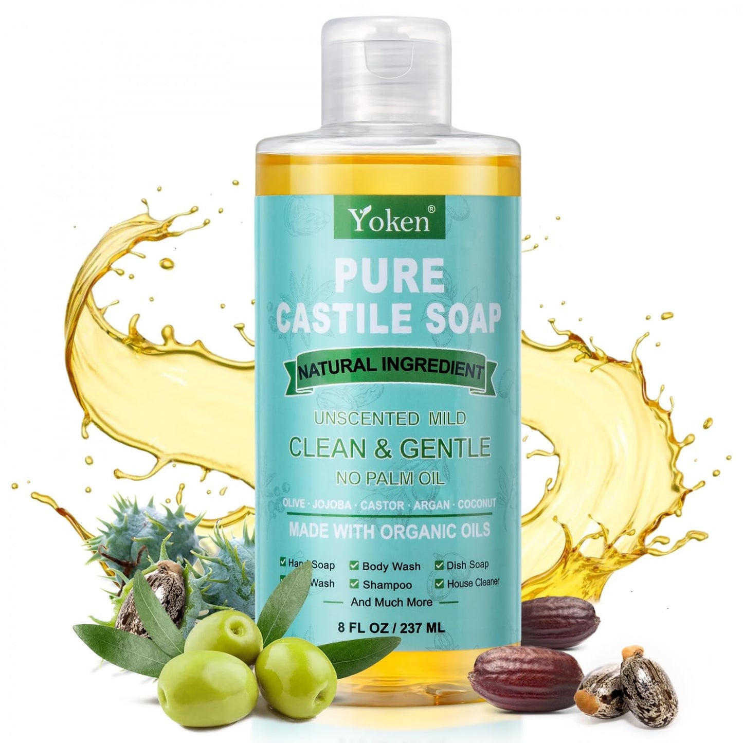 Yoken Pure Castile Liquid Soap Organic (EWG Verified, Unscented, 8 OZ), Made with Organic Oils, No Added Fragrance, Vegan, Castile Soap Liquid for Face