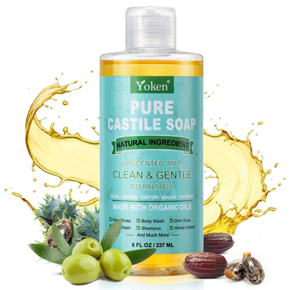 Yoken Pure Castile Liquid Soap Organic (EWG Verified, Unscented, 8 OZ), Made with Organic Oils, No Added Fragrance, Vegan, Castile Soap Liquid for Face