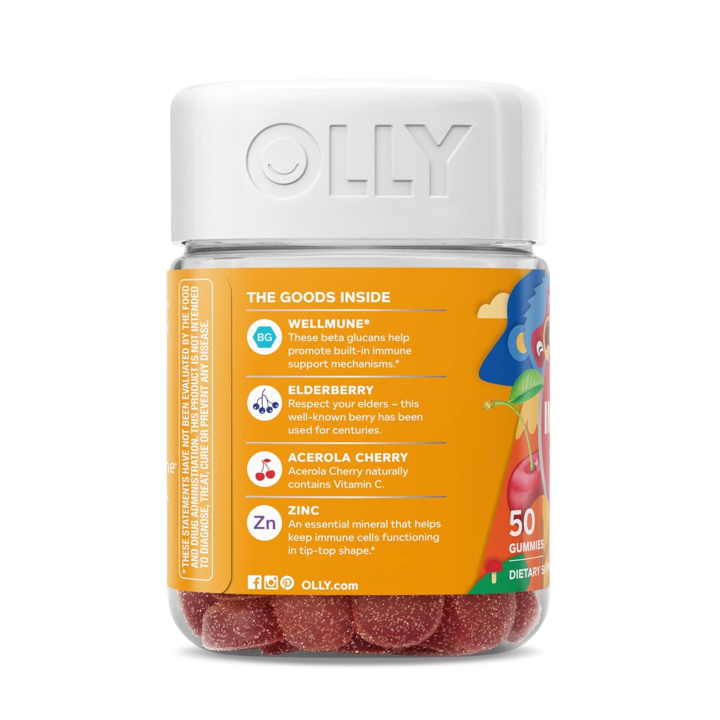 OLLY Kids Immunity Gummy, Immune Support, Wellmune, Elderberry, Vitamin C, Zinc, Chewable Supplement, Cherry - 50 Count OLLYBuy Supplements Australia