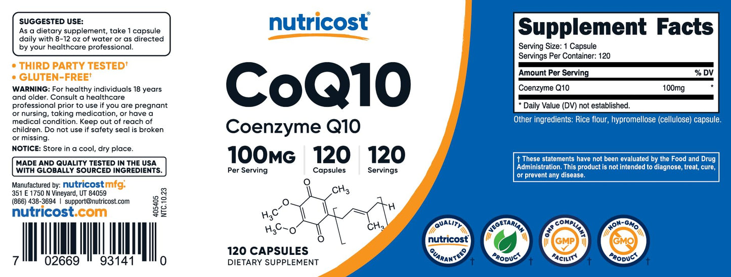 Nutricost CoQ10 100mg, 120 Vegetarian Capsules, 120 Servings - High Absorption, Vegetarian, Non-GMO, Coenzyme Q10