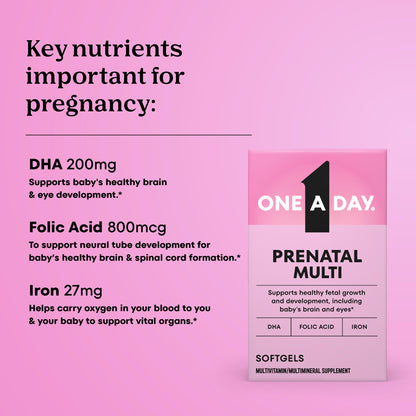 One A Day Prenatal Vitamins- Folic Acid, Iron, Omega- 3 (DHA), Pregnancy Vitamins for Women, Prenatal Multivitamin for Mom and Baby Support