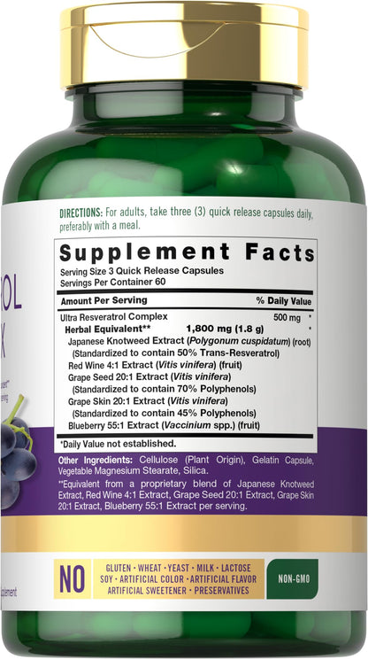Carlyle Resveratrol Complex - 180 Capsules - Trans Resveratrol Supplement with Grape Seed Extract - Non GMO, Gluten Free