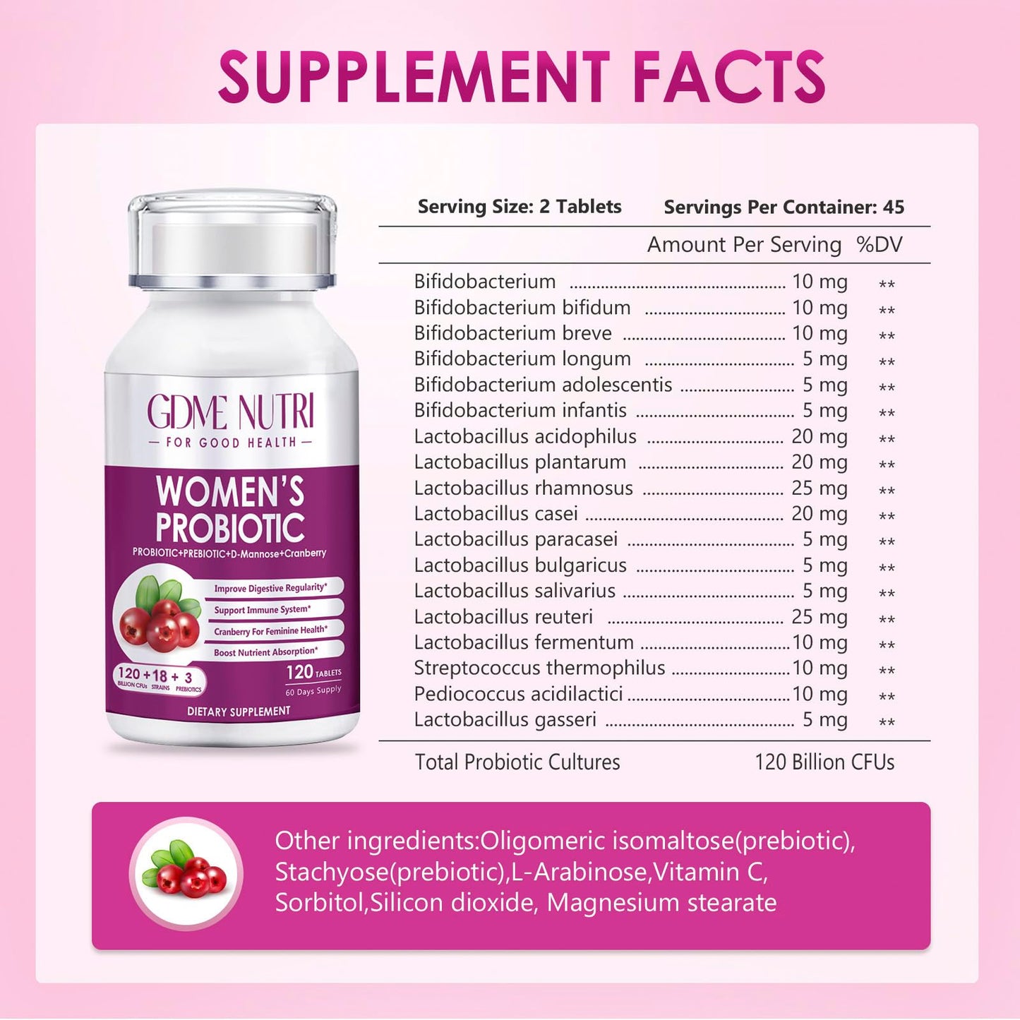 GDMENUTRI Women's Probiotics, 120 Tablets 120 Billion CFU 18 Strains, Contains Organic Prebiotic Cranberry, Probiotic Supplement for Digestion,