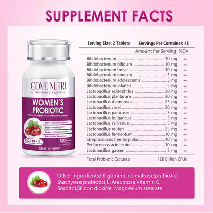 GDMENUTRI Women's Probiotics, 120 Tablets 120 Billion CFU 18 Strains, Contains Organic Prebiotic Cranberry, Probiotic Supplement for Digestion,