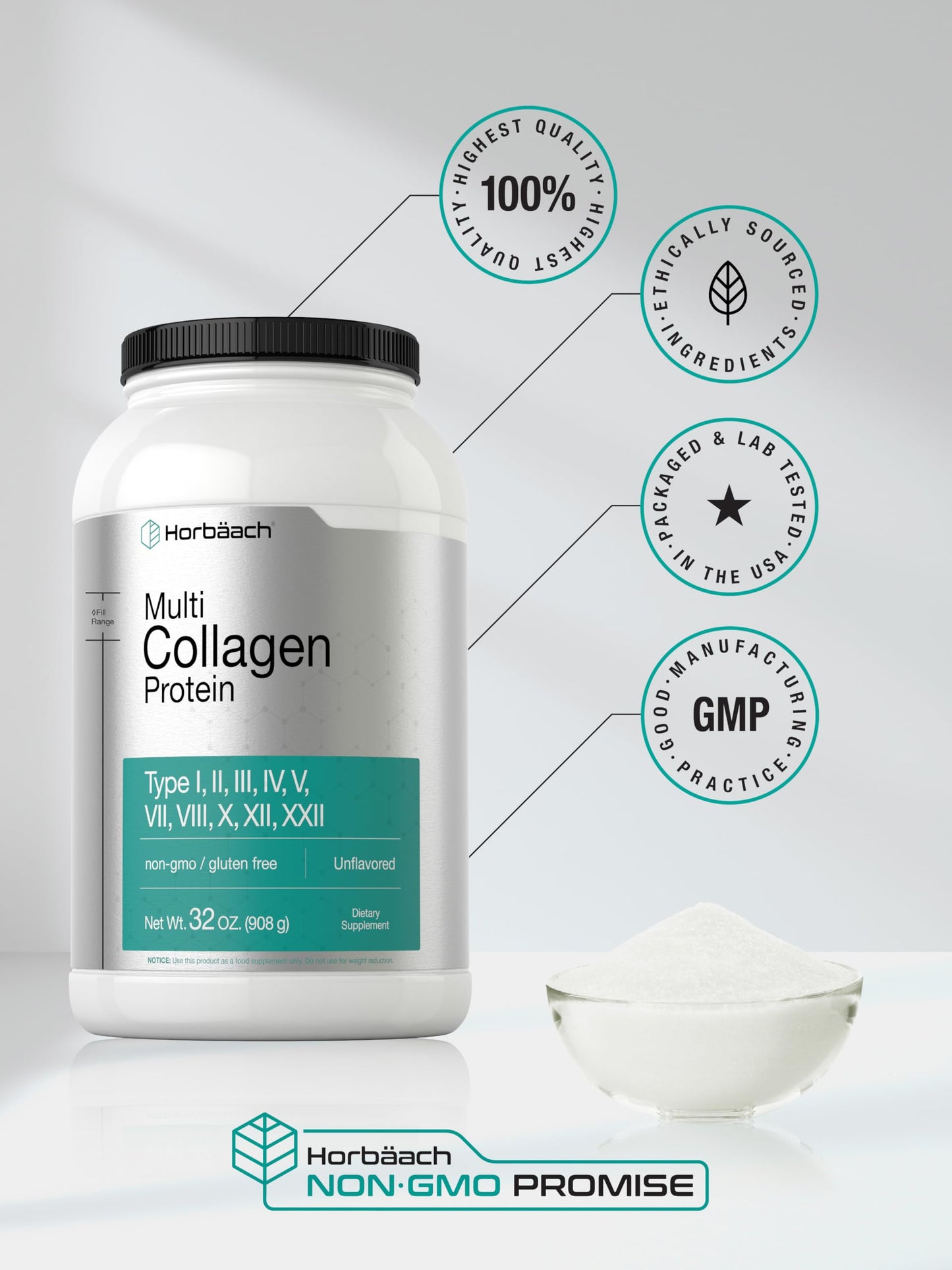 Horbaach Multi Collagen Protein Powder 32 oz | Types I, II, III, IV, V, VII, VIII, X, XII, and XXII | Grassfed Collagen Peptides