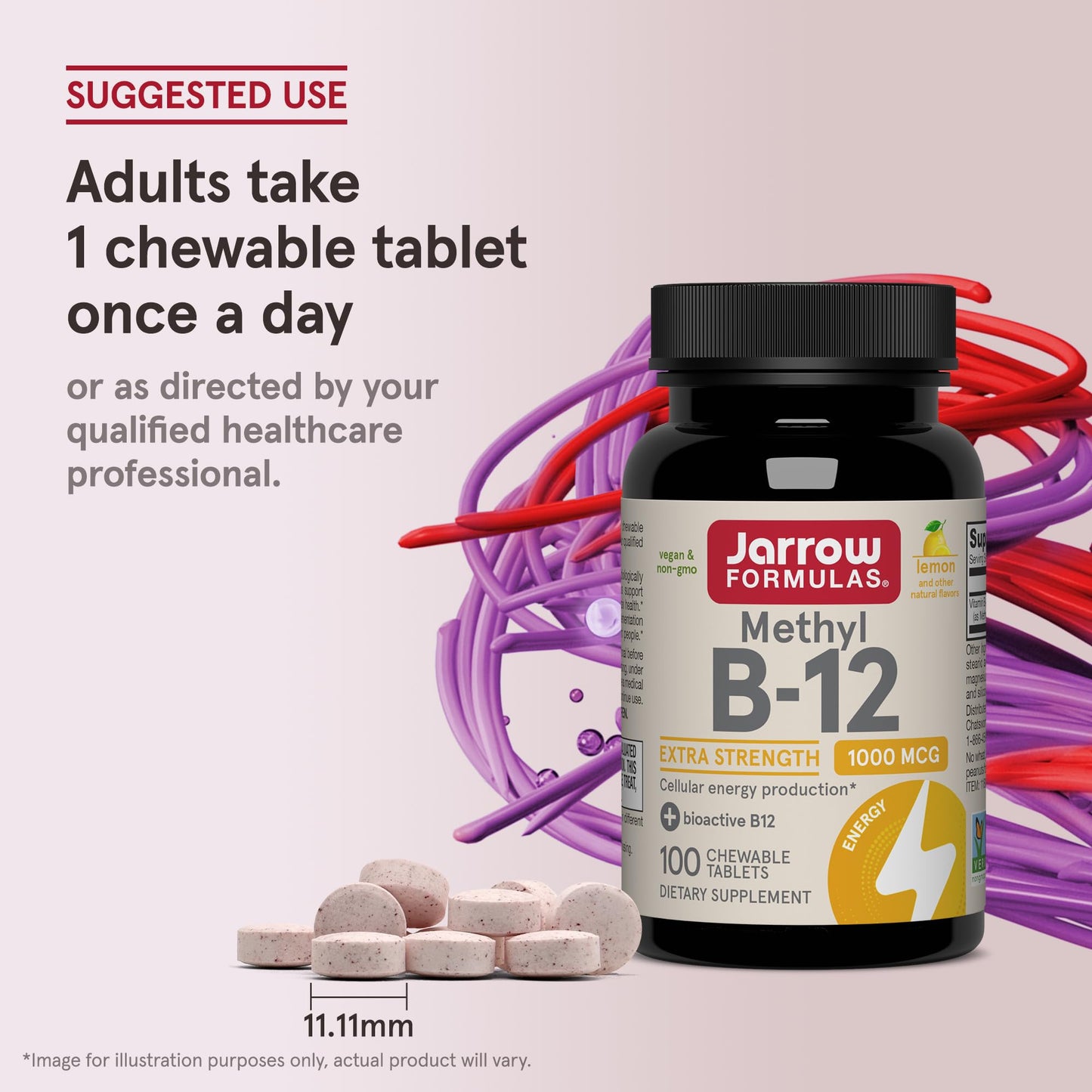 Jarrow Formulas Methyl Vitamin B-12 1000 mcg, 100 Chewable Tablets, Lemon Flavored- Bioactive B12 Vitamin - Supports Cellular Energy Production