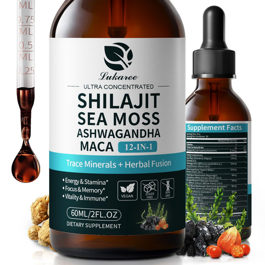 Shilajit Liquid Drops, 12-in-1 Complex - Sea Moss, Ashwagandha, Maca, Fulvic Acid, Trace Minerals, Liquid Vitamins Supplement for Men and Women, Energy, Antioxidant, Immune Support, 60ML/2 FL Oz LukareeBuy Supplements Australia