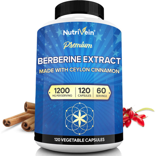 Nutrivein Premium Berberine 1200 mg with Ceylon Cinnamon - 120 Capsules: High-Absorption Berberine Supplement