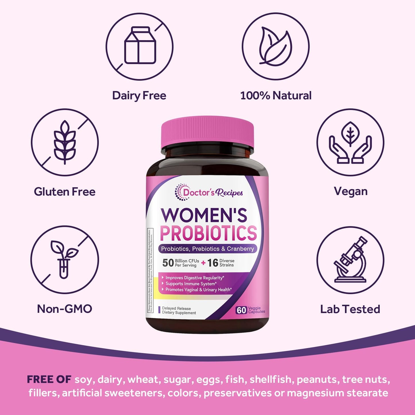 Doctor's Recipes Women's Probiotic, 60 Caps 50 Billion CFU 16 Strains, with Organic Cranberry, Digestive Immune Vaginal & Urinary Health, Shelf Stable