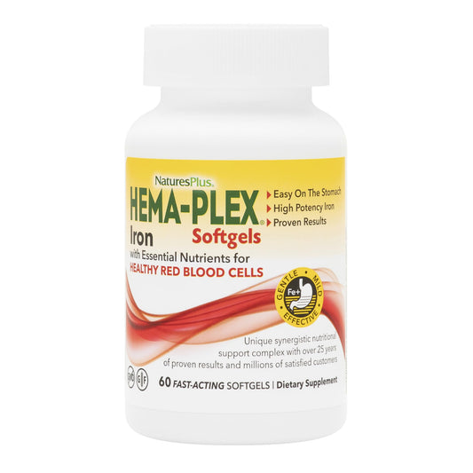 NaturesPlus Hema-Plex Iron - 60 Fast-Acting Softgels - 85 mg Iron + Vitamin C & Bioflavonoids for Healthy Red Blood Cells