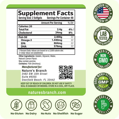 Triple Strength Omega 3 Fish Oil Supplements 2400mg | 180 Capsules, Burpless High Potency Lemon Flavor, High EPA DHA for Men & Women Ultra Pure Softgels | Joint Support, Eyes, Heart Brain Health Pills NATURE'S BRANCHBuy Supplements Australia