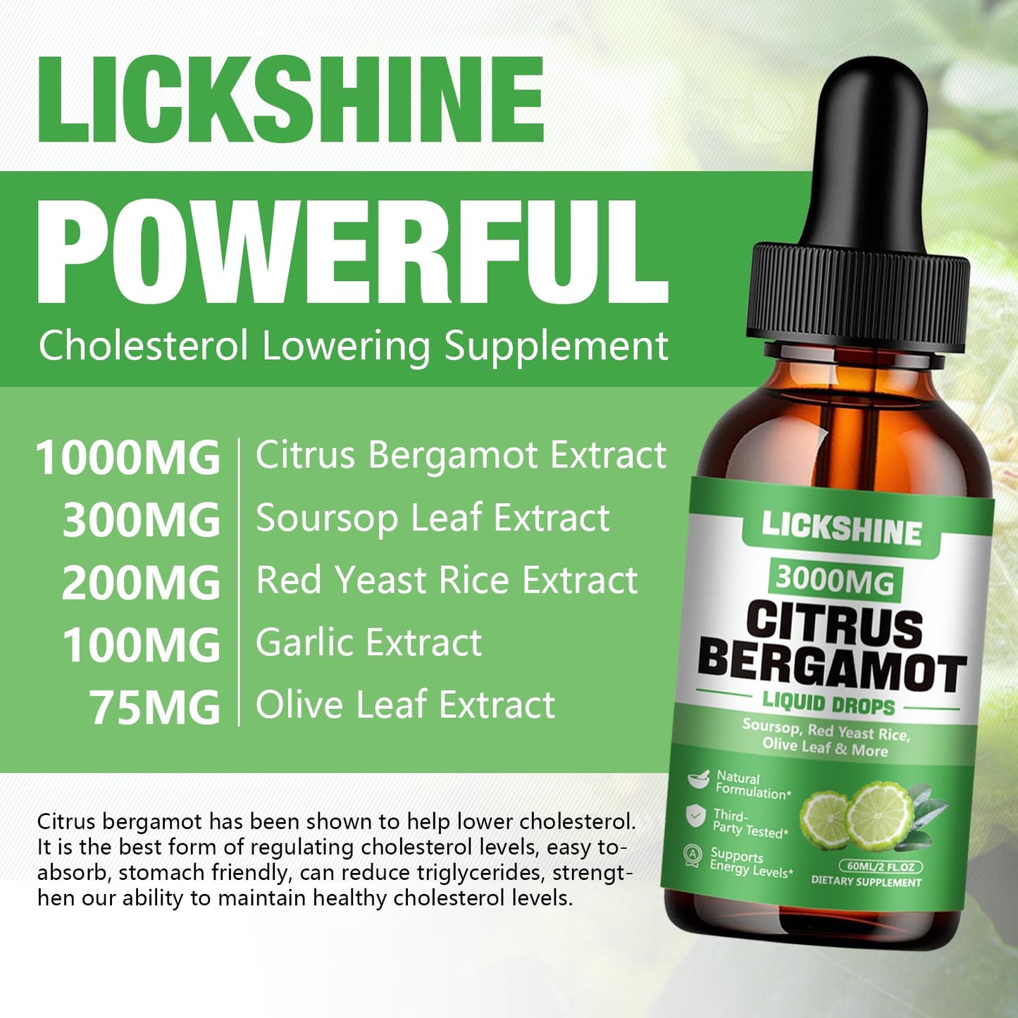 lickshine 2 Pack 3000mg Citrus Bergamot Liquid Drops - High Absorption - Cholesterol Lowering Supplement for Immune Support Anti-Aging,