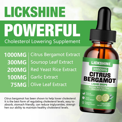 lickshine 2 Pack 3000mg Citrus Bergamot Liquid Drops - High Absorption - Cholesterol Lowering Supplement for Immune Support Anti-Aging,