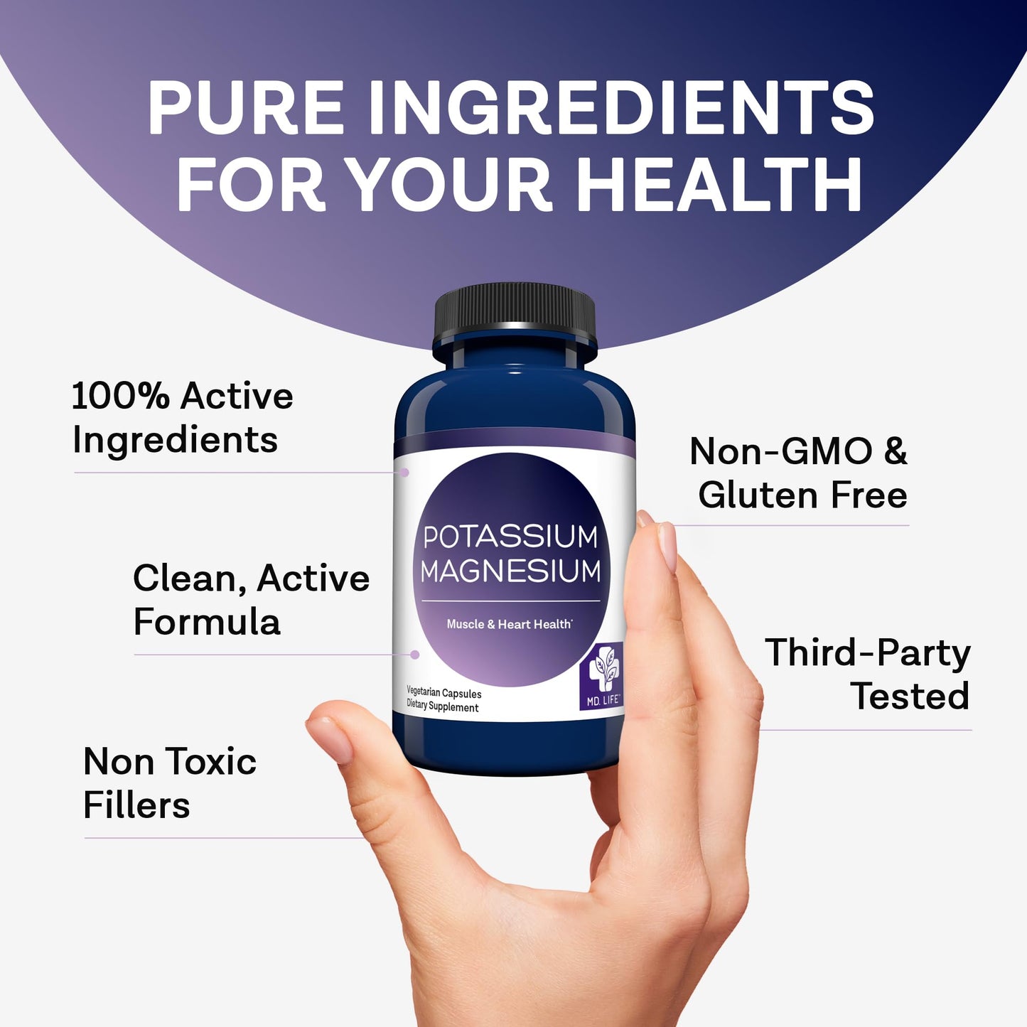 MD. Life Potassium Magnesium Supplement - 90 Capsules - Magnesium Potassium Supplement - High Absorption Complex