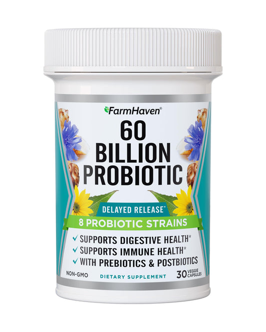 FarmHaven 60 Billion CFU Probiotic - 8 Probiotic Strains - Prebiotics & Postbiotics - Supports Digestive & Immune Health - Delayed Release - Shelf Stable - Non-GMO, Gluten Free - 30 Caps FarmHavenBuy Supplements Australia