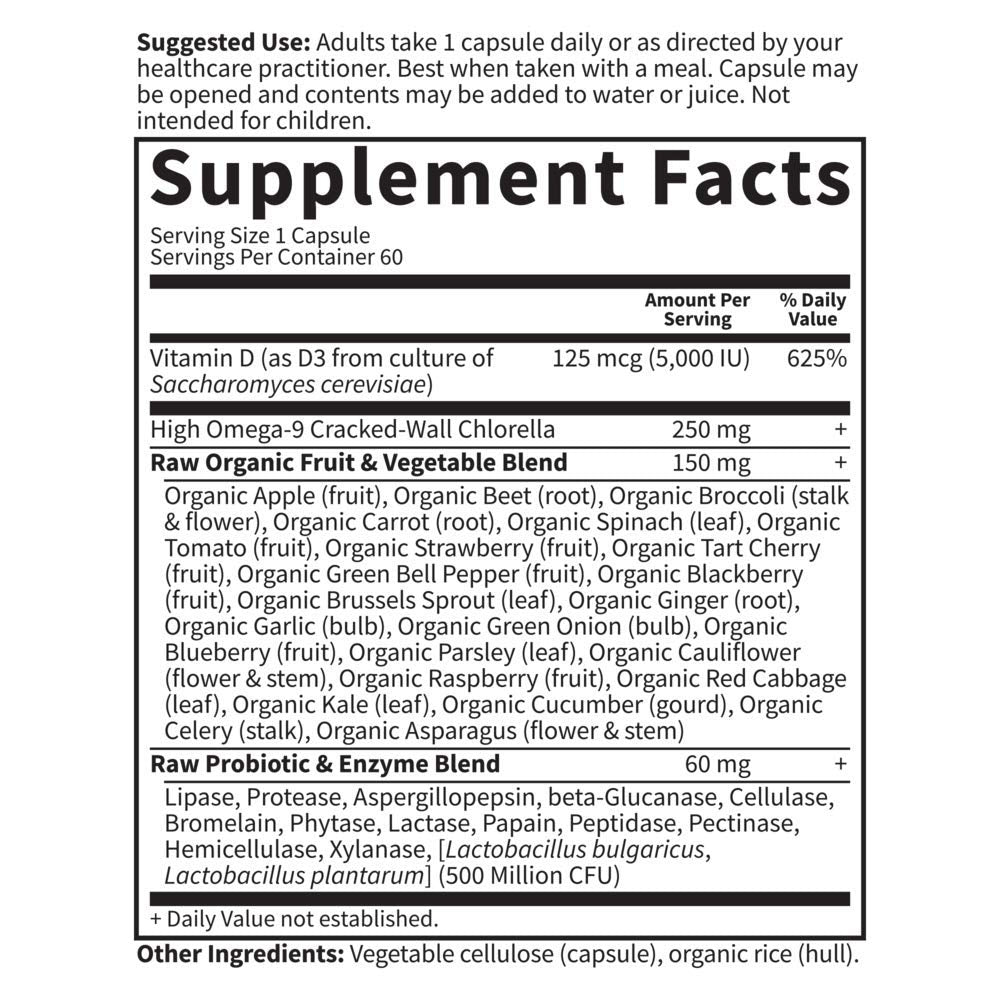 Garden of Life Vitamin D3 5000 IU, Raw Whole Food Supplements with Chlorella, Fruit, Veggies & Probiotics for Bone & Immune Health