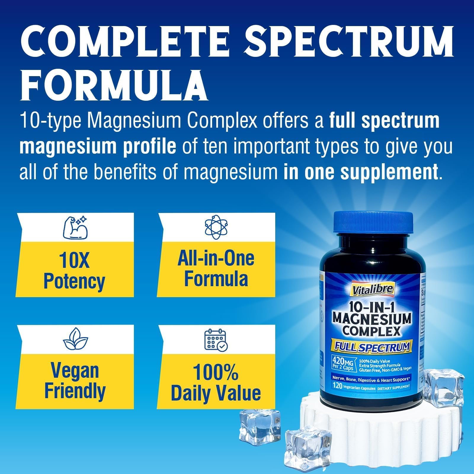 Vitalibre 10 in 1 Magnesium Complex, 420mg Elemental Magnesium | Ultra Strength, Max Absorption | Chelated Magnesium Supplement for Nerves, Bone & Heart Health | Non-GMO, 120 Vegan Capsules VitalibreBuy Supplements Australia