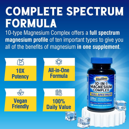 Vitalibre 10 in 1 Magnesium Complex, 420mg Elemental Magnesium | Ultra Strength, Max Absorption | Chelated Magnesium Supplement for Nerves, Bone & Heart Health | Non-GMO, 120 Vegan Capsules VitalibreBuy Supplements Australia